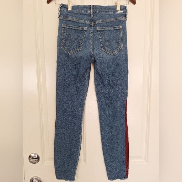 Mother the looker Ankle Fray Blue with  red stripes jeans size 25 - Picture 3 of 10